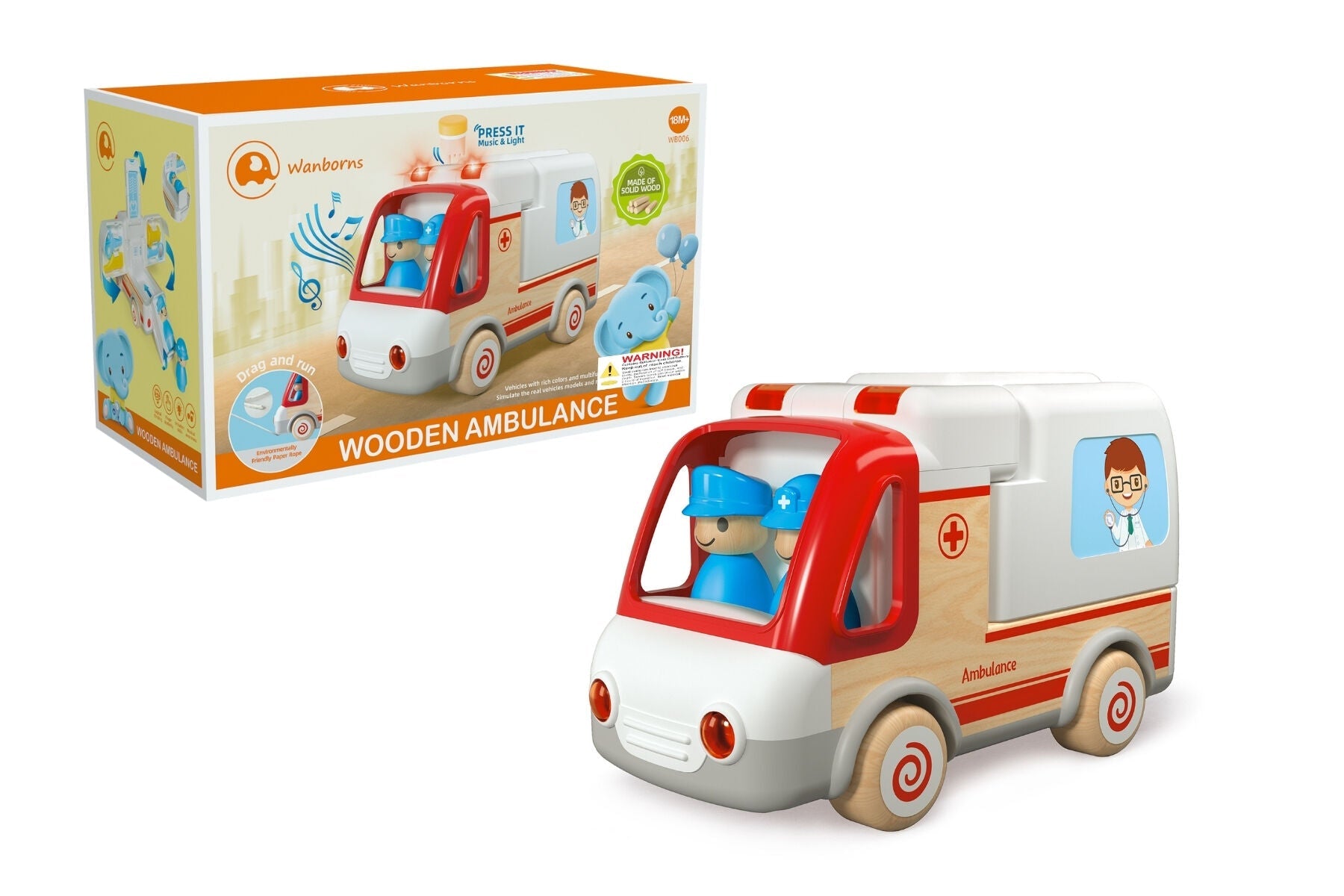 WOODEN AMBULANCE AND ACCESSORIES WITH SOUND AND LIGHT - Bamboo Sprout